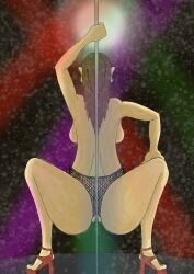 back_view brown_hair club fishnet_legwear squatting striper stripper_pole