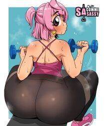 ass_focus big_ass big_butt blush cute excercise gym gym_clothes gym_uniform lifting looking_at_viewer looking_back original pink_eyes pink_hair ruby_(sasatseng) sasatseng sweat