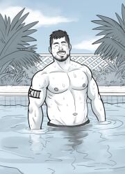 in_pool jon_gabbro male male_only muscles muscular muscular_male outdoors outside pool smiling_at_viewer tattoos twitter_user_oc wet