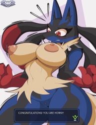 2023 anthro areola big_breasts blush breasts digital_media_(artwork) english_text eyelashes female female_lucario genitals hi_res knightmoonlight98 lucario mega_evolution mega_lucario navel nintendo nipples pokémon_(species) pokemon pokemon_(species) pussy simple_background solo text