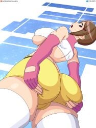 armwear brown_hair bubble_butt cameltoe digimon digimon_adventure digimon_adventure_02 grabbing_own_ass hikari_yagami human looking_at_viewer looking_down short_hair shorts thighhighs tkb_nsfw toei_animation underboob