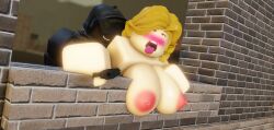 1boy 1girls 3d armor biting_lip blonde_hair blush construction_worker criminality doggy_style holding_weapon moosty morning naked open_mouth outside roblox roblox_game robloxian self_upload tagme tongue_out