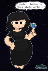 big_breasts black_eyes black_hair breasts earth female hand_on_hip nyx_crabbing pixel_art space tagme watermark