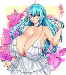 1girls 4k :) absurdres adjusting_hair babydoll_dress bakunyuu bangs bare_shoulders big_breasts blue_hair blue_hair_female blush blushing_at_viewer body_outline border braid braided_bangs braided_hair braless breasts breasts_bigger_than_torso bulging_breasts bursting_breasts candy_blue_hair clavicle cleavage closed_mouth collarbone cyan_hair deep_cleavage dress dress_straps enormous_breasts erkaz erkaz_(artist) erkazooya errorkazoo eyebrows_visible_through_hair eyeglasses eyewear female female_only floral_background flower flower_background flowers_in_background french_braid frilled_dress full_cleavage gift_art gigantic_breasts glasses hair_between_eyes hair_ornament hair_strand hairclip hi_res high_resolution highres huge_breasts huge_cleavage large_breasts light_blue_hair long_blue_hair long_breasts long_cleavage long_hair long_hair_female looking_at_viewer massive_breasts mature_female megane no_bra non-euclidean_border oppai outline outside_border purple_eyes purple_eyes_female rimless_eyewear rimless_glasses shiny_clothes shiny_hair shiny_skin short_dress sidelocks skindentation smile smiling smiling_at_viewer solo solo_female spaghetti_strap standing standing_female straight_hair top_heavy top_heavy_breasts upper_body veins veiny_breasts voluptuous voluptuous_female white_border white_breasts white_dress white_hair_ornament white_hairclip