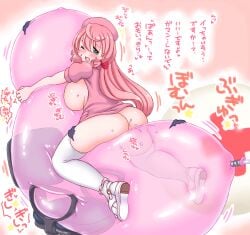 akashi_(kantai_collection) alternate_costume ass balloon blunt_tresses clothed_masturbation crotch_rub dress female female_masturbation fukidamari_no_peke green_eyes hair_ribbon hat heart heart_in_eye highres kantai_collection long_hair masturbation nurse nurse_cap one_eye_closed open_mouth panties panties_around_one_ankle pink_dress pink_hair pink_panties pussy_juice ribbon sandals short_dress short_sleeves solo symbol_in_eye thighhighs translation_request tress_ribbon underwear very_long_hair white_footwear white_thighhighs