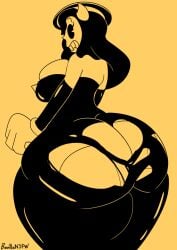 alice_angel anthnsfw back_view banillansfw bendy_and_the_dark_revival bendy_and_the_ink_machine big_ass big_breasts black_dress black_hair gloves halo horns huge_ass pac-man_eyes panties torn_dress worried_expression