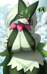 2023 :3 anthro big_breasts blush breasts digital_media_(artwork) faroula_twitt felid feline female female_anthro fur generation_9_pokemon genitals hair hi_res huge_breasts kemono looking_at_viewer mammal meowscarada nintendo open_mouth pokémon_(species) pokemon pokemon_(species) pokemon_sv portrait pussy solo three-quarter_portrait