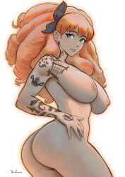 ass big_ass big_butt blue_eyes breasts butt commission commissioner_upload curly_hair curvy curvy_body curvy_female curvy_figure debirudude ear_piercing earrings fanart hair hair_ribbon manga melie nipples nude orange_hair radiant tattoo tattooed_arm tattoos