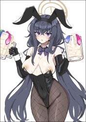 absurdres alternate_costume animal_ears areola_slip bangs black_hair black_leotard blue_archive blue_eyes blush bow bowtie breasts breasts_apart condom cowboy_shot cum cum_in_container cum_in_cup cup detached_collar elbow_gloves fake_animal_ears female fishnet_pantyhose fishnets gatyo_5 gloves hairband halo heart heart_pasties highleg highleg_leotard highres holding holding_cup large_breasts leotard long_hair looking_at_viewer messy_hair mug multiple_condoms open_mouth pantyhose pasties playboy_bunny rabbit_ears simple_background solo standing strapless strapless_leotard sweat sweatdrop trinity_general_school_student ui_(blue_archive) undersized_clothes used_condom white_background wrist_cuffs