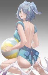 1girls ass back back_view bare_back barefoot beach_ball big_breasts blue_hair bob_cut butt dragon_girl dragon_wings elira_pendora exposed_back fangs feet gradient_background hair_covering_eye hair_over_one_eye hair_wings head_wings heterochromia hi_res highres holding_ball holding_object kneeling looking_at_viewer looking_back nijisanji nijisanji_en one_eye_covered one_eye_obstructed round_ass round_butt senjou216 short_hair sideboob solo solo_female solo_focus swimsuit viewed_from_behind virtual_youtuber x_hair_ornament