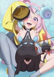 asymmetrical_legwear bar_censor blue_hair blush breasts breasts_out censored fangs female iono_(pokemon) luxio nipples open_mouth oversized_sleeves pink_hair pokemon pokemon_sv pokephilia purple_eyes recording sex sharp_teeth shoichi_(artist) small_dom_big_sub smartphone sweat two_tone_hair vaginal_penetration