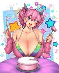 1girls absurdres ahoge antenna_hair armpits bakunyuu bangs bare_shoulders big_breasts bikini bikini_top bikini_top_only body_outline borrowed_character breasts cake clavicle cleavage collarbone colorful colorful_background deep_cleavage eating eating_cake eating_food erkaz erkaz_(artist) erkazooya errorkazoo eyebrows_visible_through_hair female female_knight food fork hair_between_eyes hands_up happy heart heart_ahoge high_resolution highres holding_fork holding_knife huge_breasts huge_cleavage knife large_breasts light-skinned_female light_skin long_cleavage long_sleeves looking_at_viewer momi_(meshmezz) mouth_open open_clothes open_mouth original original_character outline pink_cake pink_clothing pink_hair pink_hair_female pink_twintails purple_eyes purple_eyes_female purple_shirt rainbow rainbow_bikini rainbow_bra rainbow_swimsuit rainbow_topwear round_eyes shiny_breasts short_twintails sitting sleeves_past_wrists solo solo_female star_(symbol) star_background swimsuit_top table thin_neck twintails upper_body veins veiny_breasts white_outline