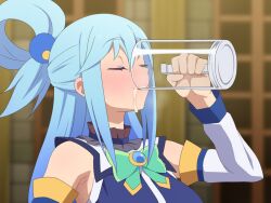 1girls aqua_(konosuba) beer_mug clothed cum cum_drinking cum_drip cum_dripping_down_chin cum_in_container cum_in_cup cum_in_mug cup drinking drinking_cum female female_only flushed kono_subarashii_sekai_ni_shukufuku_wo! mug solo tedain