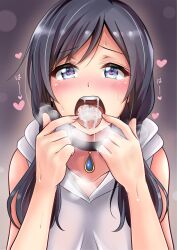 absurdres amano_hina_(tenki_no_ko) black_hair blue_eyes blush collarbone cum cum_in_mouth cum_on_tongue female heart heart-shaped_pupils highres open_mouth symbol-shaped_pupils tenki_no_ko tina_(pixiv37050289) tongue tongue_out