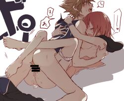 1boy arms_around_neck bar_censor bare_shoulders barefoot blush breasts brown_hair censored closed_eyes cum cum_in_pussy dress female female_orgasm hair_between_eyes heart hood hood_down kairi kingdom_hearts kingdom_hearts_ii leg_lock medium_breasts medium_hair missionary_position open_clothes open_dress open_mouth orgasm panties panties_around_one_leg pink_dress ramochi_(auti) red_hair sex shirt short_hair sideboob sleeveless sleeveless_shirt sora spiked_hair spoken_heart straight sweat testicles underwear vaginal_penetration white_background wide_sleeves