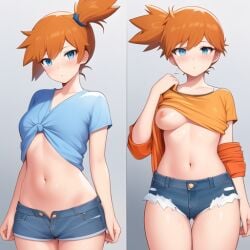 1:1_aspect_ratio 1girls ai_generated anything_(model) asymmetrical_hair bangs blue_eyes blue_shorts blush breasts clavicle closed_mouth clothes_lift clothing cowboy_shot cutoffs denim denim_shorts female female_only kasumi_(pokemon) looking_at_viewer massbrainimpact medium_breasts midriff multiple_views navel nipples open_fly orange_hair orange_shirt pixai pokemon pokemon_character pokemon_rgby ponytail shirt shirt_lift short_hair short_shorts shorts side_ponytail solo stomach thigh_gap tied_hair unzipped