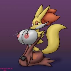 anthro big_breasts bodily_fluids breasts chameloshi delphox female generation_6_pokemon hi_res lactating looking_at_viewer milk nintendo nipple_clamp nipple_piercing nipples piercing pokémon_(species) pokemon pokemon_(species) projectile_lactation sitting smile solo