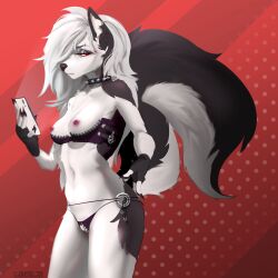 = anthro black_clothing black_dress bottomwear breasts canid canid_demon canine canis claws clothed clothing collar demon digital_media_(artwork) digitigrade domestic_dog dress ear_piercing ear_ring english_text eyebrow_piercing eyebrow_ring eyebrows eyelashes facial_piercing female fluffy fluffy_tail fur gloves_(marking) grey_hair hair hellhound helluva_boss hi_res husky legwear long_hair loona_(helluva_boss) mammal markings nordic_sled_dog piercing red_sclera ring_piercing shinchiichu shorts simple_background smile solo spiked_collar spikes spitz tail text topwear white_body white_fur