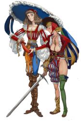 1boy 1girls breasts_out coif costume erection european eye_bags female hat historical history human human_only landsknecht light-skinned_female light-skinned_male light_skin male medieval medieval_clothing mossa skimpy_clothes smile standing straight sword white_background zweihander