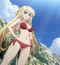 1girls absolute_duo bare_shoulders big_breasts bikini blonde_hair blue_eyes breasts busty cleavage cloud confident day female female_focus female_only hair_ribbon hands_on_hips highres large_breasts legs lilith_bristol long_hair navel open_mouth ribbon screencap sky smile solo standing stitched swimsuit thighs third-party_edit very_long_hair voluptuous