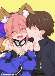 1boy 1girls animal_ear_fluff animal_ears bare_shoulders big_breasts blush breasts brown_hair busty closed_eyes detached_collar fate_(series) female fox_ears fox_tail hair_between_eyes hair_ribbon happy heartwarming japanese_clothes kissing kissing_cheek large_breasts long_hair male mzoo39 one_eye_closed open_mouth pink_hair ponytail ribbon short_hair simple_background smile tail tamamo_no_mae_(fate) wholesome