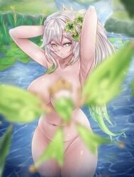 1girls armpits bathing big_breasts breasts busty completely_nude completely_nude_female female female_only genshin_impact green_eyes huge_breasts large_breasts mea_(artist) mea_メア nahida_(genshin_impact) navel nude nude_female plump thick_thighs thighs voluptuous wet wet_body