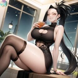 1girls ai_generated bare_shoulders black_dress black_hair breasts cleavage crossed_legs curvy curvy_female curvy_figure dress drink erotic_nansensu female hi_res large_breasts legs looking_at_viewer momo_yaoyorozu my_hero_academia nai_diffusion night ponytail sideboob sitting smile solo stable_diffusion thick_thighs thighhighs thighs window