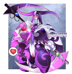 anthro areolasmile armor big_breasts blue_eyes blush bow_tie breasts claws clothed clothing clothing_grab digital_media_(artwork) duo english_text female front_view fsmaverick gemini_the_vial genitals green_eyes headgear heart helmet heterochromia hi_res human hybrid knight lagomorph larger_male leporid macro male male/female mammal markings melee_weapon micro nipples nude open_mouth pink_ear pink_markings pink_nipples polearm presenting presenting_breasts presenting_pussy purple_ear purple_markings purple_nipples pussy rabbit revealing_clothes scythe simple_background size_difference smaller_male soul tail tail_grab text three-quarter_view vial_(species) warrior weapon white_body