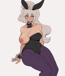 big_breasts breasts_out bunny_ears bunnysuit casual casual_nudity dragalia_lost fully_clothed grace_(dragalia_lost) looking_at_viewer nuxoce one_breast_out smile solo thick_thighs white_hair yellow_eyes