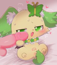 <3_eyes 2021 8:9 anthro badwingm balls bed blush bodily_fluids canid canine canis domestic_dog duo female fur furniture genitals green_body green_eyes green_fur heart hi_res humanoid_genitalia humanoid_penis jewelpet lying male male/female mammal on_back on_bed penis penis_grab peridot_(jewelpet) pussy sanrio sega_toys semi-anthro sweat throbbing_penis yellow_body yellow_fur