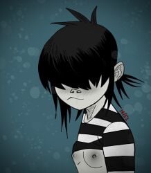 1girls asian asian_female black_and_white black_hair blush breasts breasts_out female gorillaz goth hair hair_over_eyes nipples noodle_(gorillaz) shellzzz simple_background small_breasts smaller_female solo teenage_girl teenager young younger_female