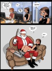 1boy 1girls ass au_(artist) black_hair blushing boli-blog bondage branch brown_eyes brown_hair choker clothing comic computer desktop electronics english_text eyeglasses eyewear female glasses human male over_lap pale_skin panties_down pants_down santa_claus santa_costume short_hair spanking spanking_ass straight tagme