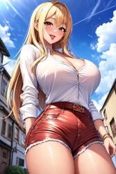 1girls ai_generated blonde_hair booty_shorts breasts clothed female gyaru holaraai huge_breasts kitagawa_marin large_breasts light-skinned_female light_skin long_hair looking_at_viewer mommy naughty_face outdoors red_eyes short_shorts shorts slim_waist smile sono_bisque_doll_wa_koi_wo_suru stable_diffusion thick_thighs very_high_resolution wide_hips