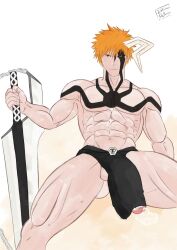 1boy abs bleach brown_eyes dhlinez dickhead_edits dickheadz334 human ichigo_kurosaki male male_nipples male_only muscles muscular muscular_male orange_hair pecs solo