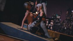 2girls 3d black_cat_(insomniac) black_cat_(marvel) felicia_hardy female female/female female_only implied_fingering insomniac_games marvel marvel_comics roof rooftop rooftop_sex silver_sable silver_sable_(insomniac) sitting skiybur spider-man_(insomniac) spider-man_(ps4) spider-man_(series) topless yuri