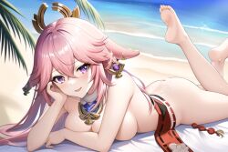 ai_generated beach cum cum_on_ass female female_focus genshin_impact hair hair_between_eyes hair_ornament hidden_nipples long_hair lying lying_on_stomach medium_breasts nai_diffusion no_sex nude open_mouth pink_hair pixai purple_eyes smile stable_diffusion yae_miko