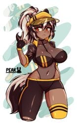 artist_signature badger_girl badger_tail black_hair clothed dark_skin large_breasts middle_finger oc orange_eyes original_character peakedcomedy simple_background sun_visor tail tanline two_tone_hair white_hair