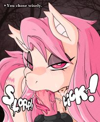 absurd_res anthro bodily_fluids cutie_mark duo fellatio female flutterbat_(mlp) fluttershy_(mlp) forked_tongue friendship_is_magic hair hasbro hi_res male male/female my_little_pony oral penile pink_eyes pink_hair ponporio_(artist) saliva sex straight_hair teeth tongue toothy_fellatio