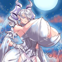 big_breasts bimbo breasts gigantic_breasts huge_breasts hyper_breasts konami labrynth_of_the_silver_castle large_breasts looking_at_viewer lovely_labrynth_of_the_silver_castle marcormen massive_breasts moon moonlight night silver_hair white_dress yu-gi-oh!