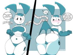 1girls 2022 ass black_eyes blue_hair blue_panties blush breasts cameltoe emmmmiiii english_text jenny_wakeman looking_back my_life_as_a_teenage_robot navel panties panty_pull robot robot_girl standing tagme text thick_thighs thighs underwear_only wedgie xj-9