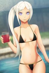 1girls alternate_costume alternate_hairstyle bikini black_bikini black_swimsuit drink drinking_glass edelgard_von_hresvelg female female_only fire_emblem fire_emblem:_three_houses glass_in_hand itswinkyfaces looking_at_viewer mini_bikini navel nintendo official_alternate_hairstyle pool post-timeskip purple_eyes side_ponytail small_breasts smile solo swimming_pool swimsuit white_hair