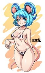 artist_signature bikini blue_eyes blue_hair cow_print mouse_girl navel oc original_character peakedcomedy rat_ears rat_girl rat_tail simple_background small_breasts