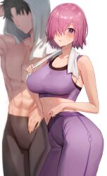 1boy 1girls abs breasts brown_hair fate/grand_order fate_(series) female fit_male fujimaru_ritsuka_(male) hair_over_one_eye huge_breasts male mash_kyrielight pink_hair purple_clothing purple_eyes rororo shirtless_(male) short_hair sports_bra sportswear sweat sweaty_body yoga_pants