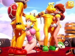 2boys 2girls 3d alternate_version_at_source anthro anthro_on_human bondage chain_pull chains dubious_consent enslaved_royal female fire_bros. hammer_bros. hand_around_penis handjob handjob_while_kissing kissing leash male mario_(series) multiple_boys multiple_girls nintendo on_knees onmodel3d oral_sex princess princess_daisy princess_peach sex_slave slave slavegirl super_mario_bros. tagme