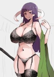 07th_expansion 1girls adult big_breasts black_legwear black_panties breasts breasts_bigger_than_head crown curvaceous curvy eua_(higurashi_no_naku_koro_ni) featherine_augustus_aurora female female_only garter_straps higurashi_no_naku_koro_ni hime_cut hourglass_figure huge_ass huge_breasts large_breasts legwear lingerie long28 mommy naughty_face pink_eyes purple_hair solo staff thick_thighs umineko_no_naku_koro_ni underwear