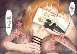 :>= absurdres bleach blowjob breasts cellphone censored cheating cheating_wife cleavage cuckold cum cum_on_wedding_photo cumshot dialogue english_text fellatio female highres holding_object huge_breasts ichigo_kurosaki inoue_orihime iwao178 large_breasts mature mature_female milf netorare ntr oral oral_sex speech_bubble stray_pubic_hair talking text wedding_photo wife