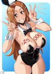 1girls alternate_version_available bleach body_writing breasts bunny_ears bunny_girl bunnysuit castell double_peace_sign double_v female female_only follower_celebration grin highleg_leotard huge_breasts inoue_orihime leotard light-skinned_female light_skin long_hair milestone_celebration orange_hair peace_sign smile solo thick_thighs wide_hips