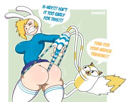 2022 2girls adventure_time ass black_eyes blonde_hair blue_panties blush breasts cake_the_cat emmmmiiii english_text fionna_the_human_girl gritted_teeth hood impossible_clothes large_breasts looking_back one_eye_closed panties panty_pull shimapan short_hair size_difference skindentation skirt skirt_lift standing striped_panties tagme text thick_thighs thighhighs thighs wedgie yuri