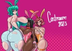 2023 3girls backboob big_ass big_breasts black_hair bubble_ass bubble_butt bunny_ears bursting_breasts child_bearing_hips cosplay_girl_(dedalo) dark-skinned_female dat_ass dedalo fat_ass green_hair huge_ass huge_breasts jacqueline_(dedalo) jacqueline_(oc) jacqueline_(protoscene) light-skinned_female looking_at_viewer looking_back multiple_girls original punk punk_girl punkgal_(dedalo) short_hair size_difference smaller_female taller_girl thick_thighs