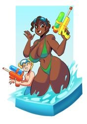 1boy 1girls amira_(glassfish) bikini blonde_hair curvy_female dark-skinned_female glassfish light-skinned_male matt_(glassfish) older_female swimming_trunks thick_thighs thin_waist wide_hips younger_male